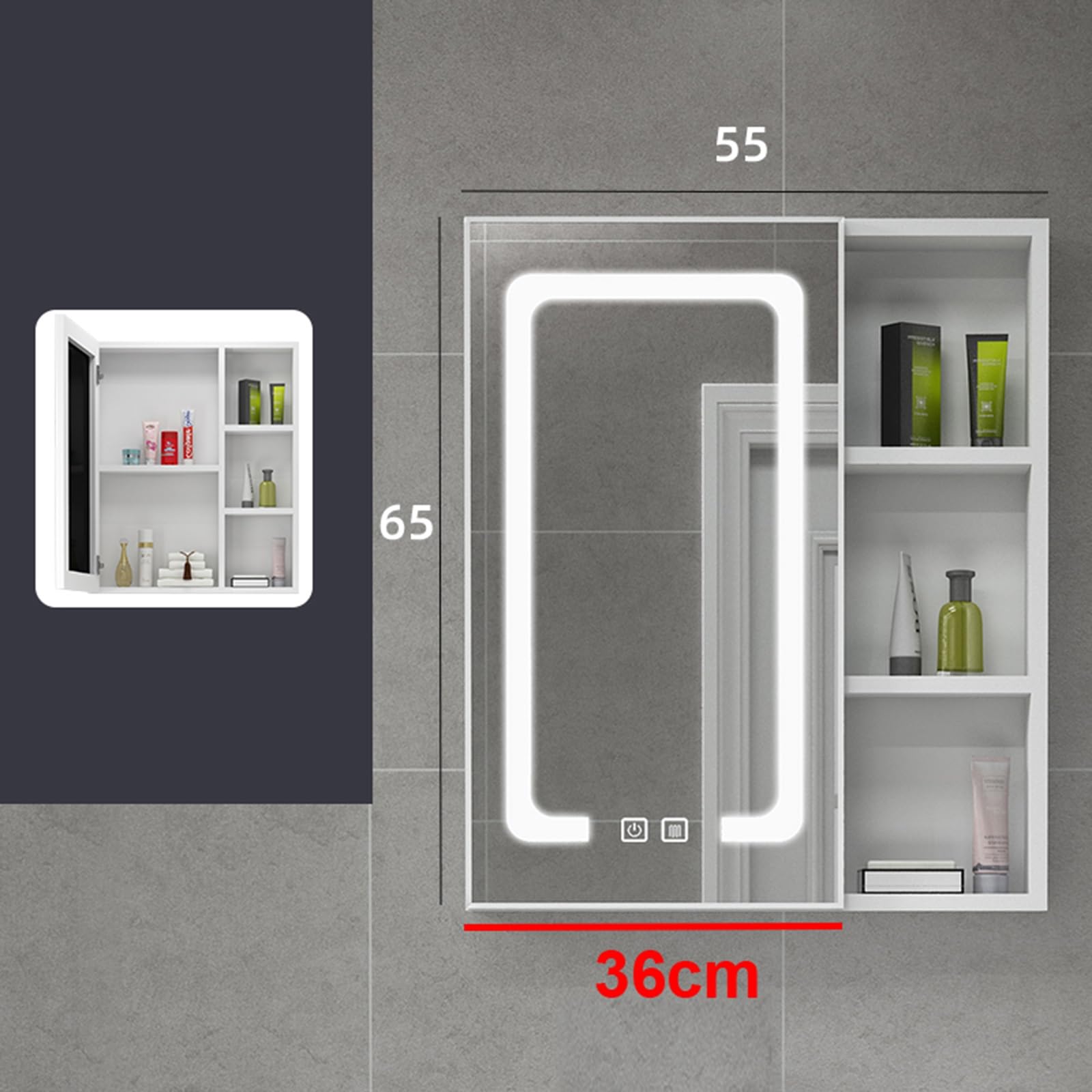 Szafka łazienkowa z lustrem, wisząca, z oświetleniem LED, funkcją przeciwmgielną, aluminiowa rama, szafka 1-drzwiowa, nowoczesny design, biała, 55 x 65 cm