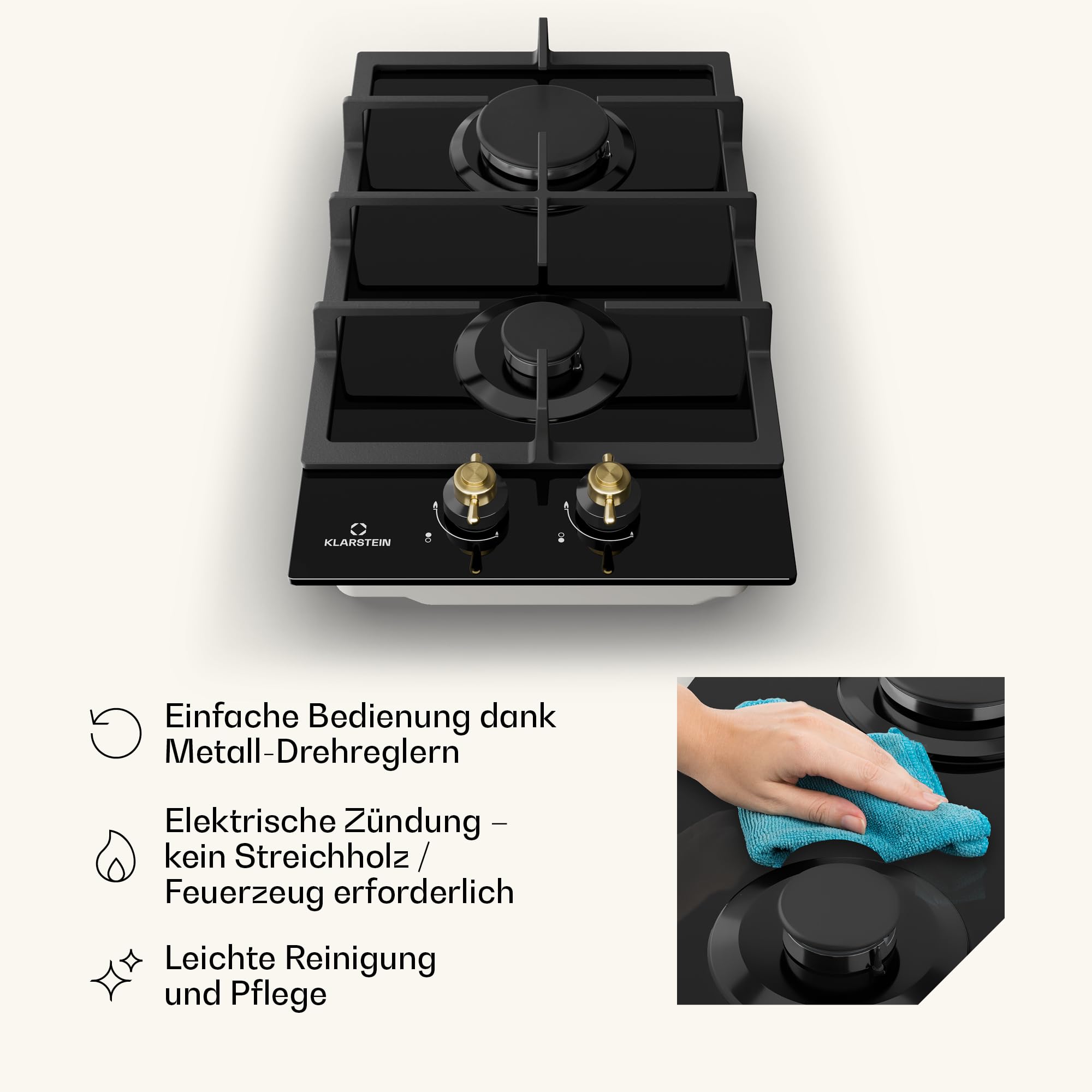 Klarstein Victoria - Gaskochfeld Gasherd, Einbau, Sabaf-Brenner, Erdgas/Propangas, Sicherheitsventile, automatische Abschaltung, Topfträger aus Gusseisen, Glaskeramik Retro-Look, 2-flammig, schwarz