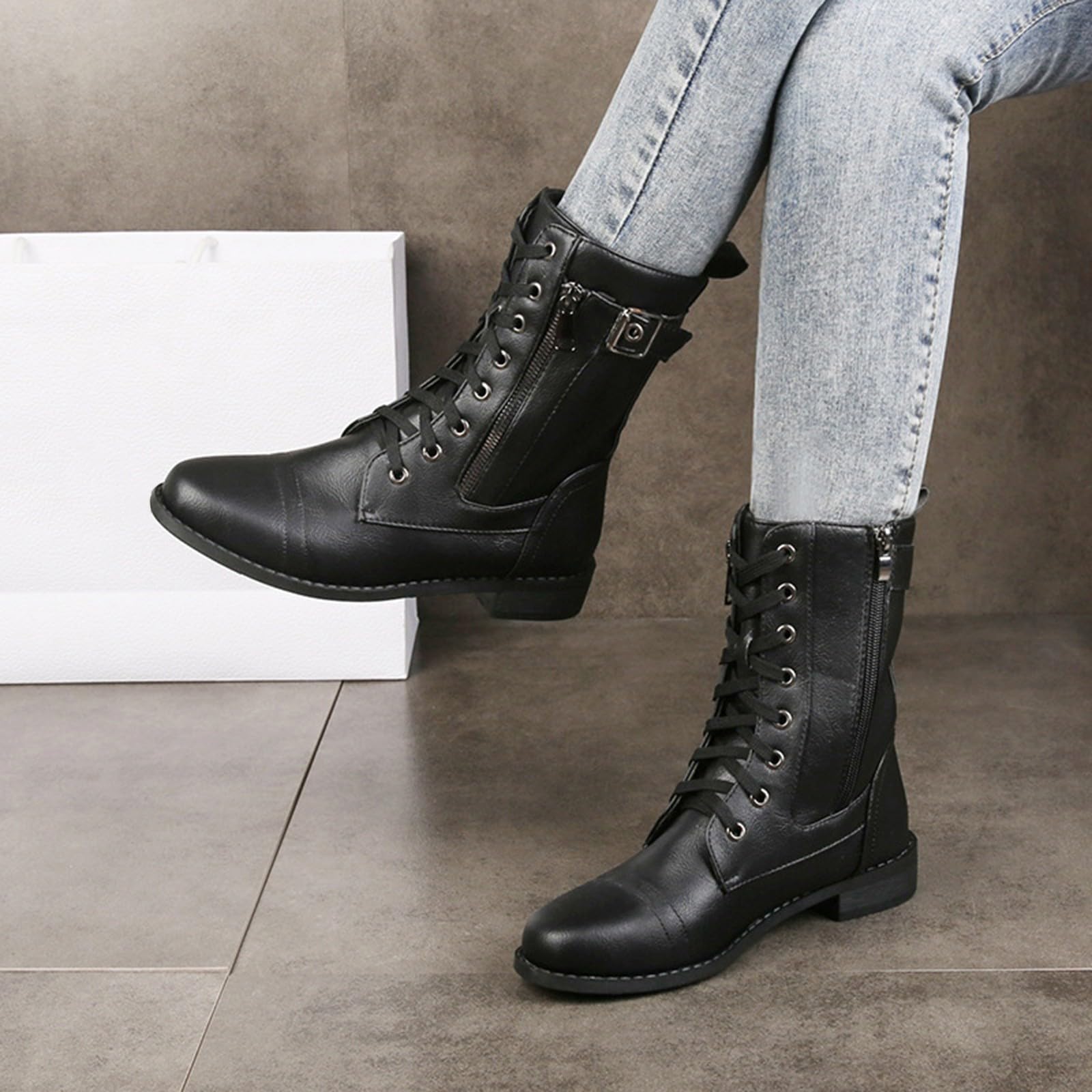 Botines para mujer con tacón de piel – Botines con cordones de piel sintética Botas de saltar de punta redonda Botas de equitación de media altura antideslizante Botas de invierno Botas de moto con
