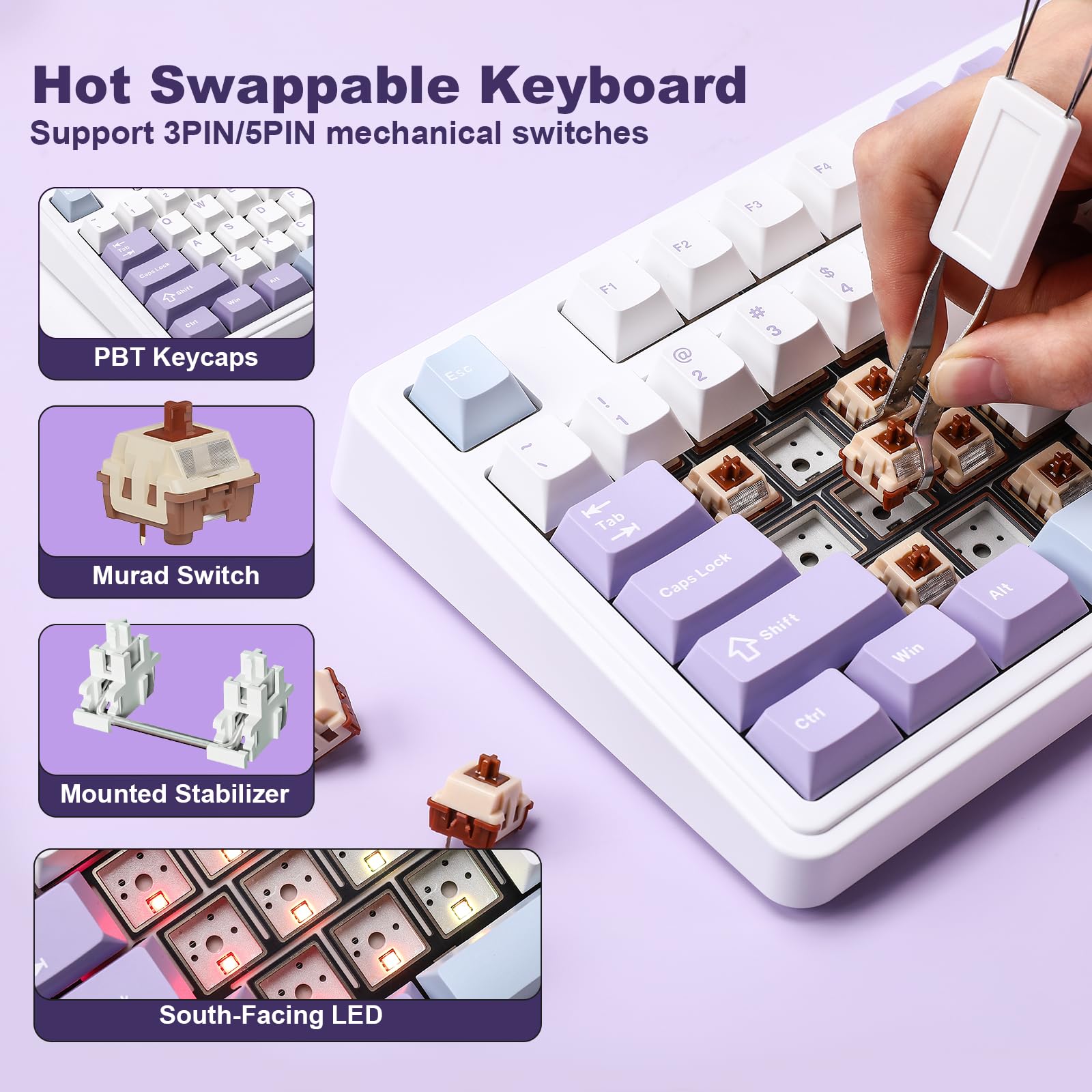 AJAZZ AK980 - Tastiera meccanica con display e manopola intelligenti, tastiera wireless al 98%, Tri-Mode BT/2.4G/USB-C, hot swap, tasti in PBT, con luce RGB per Win e Mac (viola, interruttore