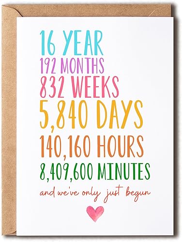Tarjeta de aniversario 16 – Tarjeta de boda de 16 años – Tarjeta de felicitación divertida – Solo acabamos de empezar – Regalo para marido y esposa