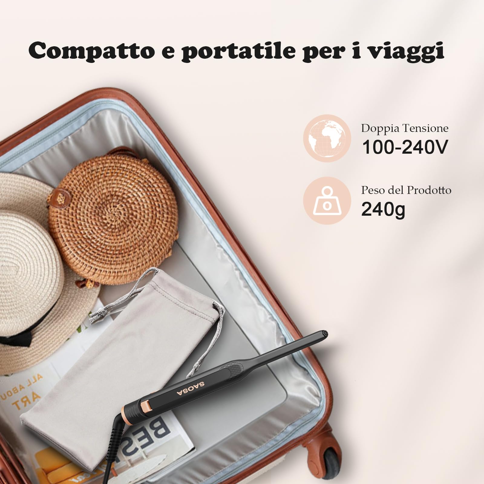 SAOSA Piastra per Capelli Corti a Matita, 0,8 cm Piastra Mini per Capelli con 9 Livelli di Temperatura (90°C-220°C), Doppia Tensione, per Pixie Cut, Frangia, Ricci, Regalo con Astuccio e Guanto