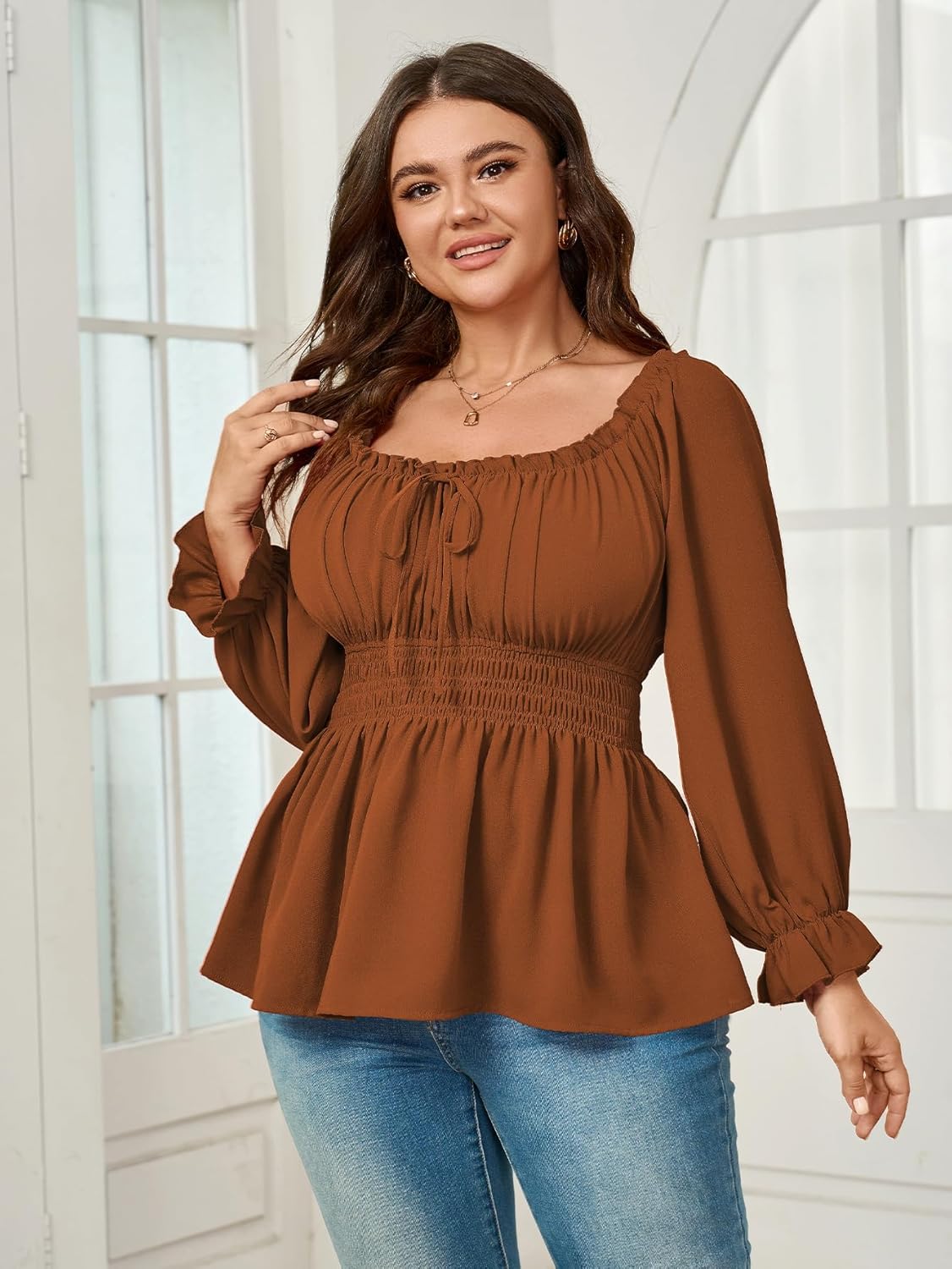 Womens Plus Size Tops Square Neck Long Sleeve Blouse Babydoll Ruffle Peplum Smocked Cute Top - Image 5