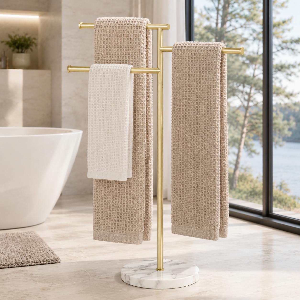 KES Towel Rails for Bathroom, 3 Swivel Arms Free Standing Bath Gold Floor Standing Towel Racks with Weighted Marble Base, SUS304 Stainless Steel Brushed Gold, BTH219-BZ