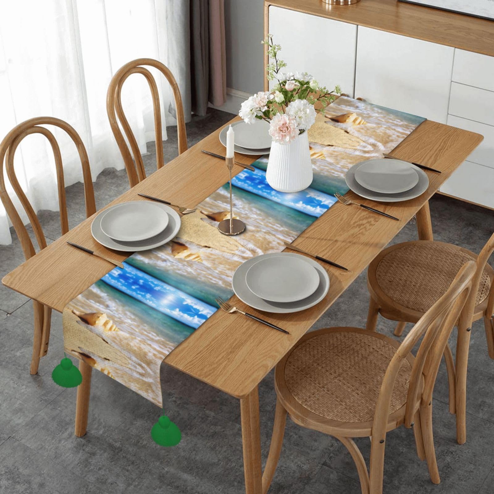 Chemin de table de Noël 152 cm avec pampilles élégantes et motif coquillages