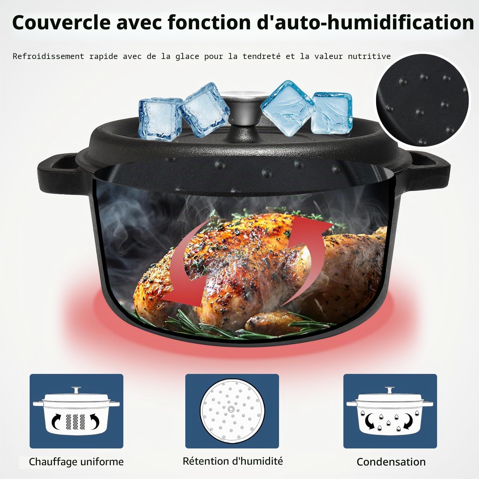 Cocotte en fonte - 26 cm - 5,1 l - Avec couvercle - Induction - Pour la cuisine - Noir