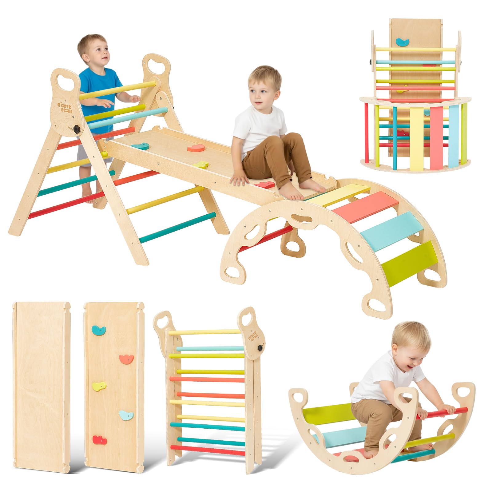 Giant bean Trianglello per Arrampicata Montessori 5 in 1 con Arco da Scalata e Scivolo, Struttura in Legno per Bambini 2-5 Anni