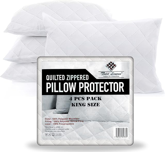 Todd Linens King Size Pillow Protectors 4 Pack, Quilted Pillow Protectors, Breathable 85 gsm Microfiber, Premium Pillow Protectors White 50x90 cm