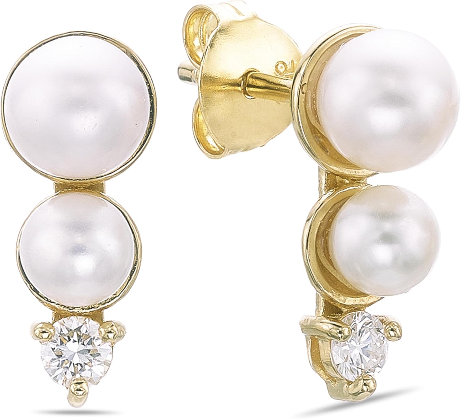 Lavari Jewelers 1/8 Carat Lab Grown Diamond and Freshwater Pearl Drop Earrings for Women - 18k Yellow Gold Plated 925 Sterling Silver Pearl Stud Earrings for Her - Hypoallergenic Push Back Studs