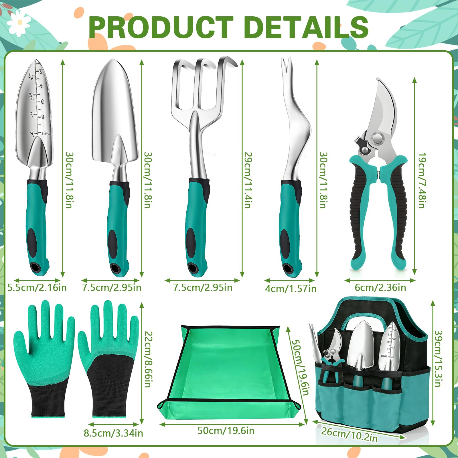 Set di Attrezzi da Giardinaggio,8 Pezzi Giardino in Acciaio Inossidabile,Attrezzi da Giardino Resistenti,Kit Giardinaggio Completo,Regali da Giardino Ideale per Donna Uomo