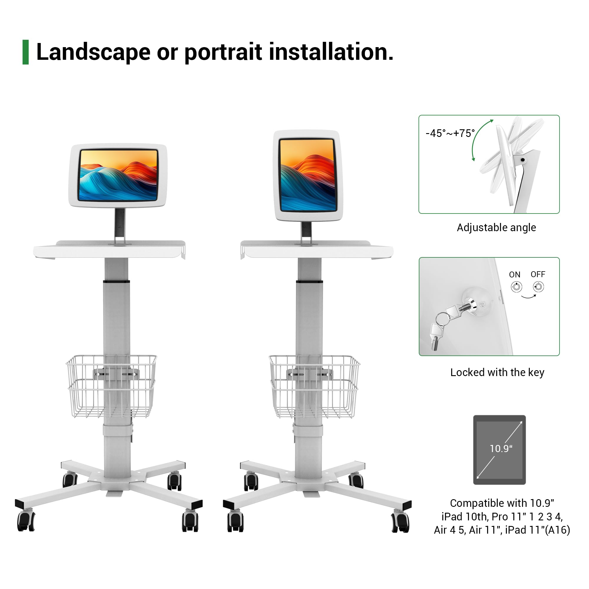 SC403W Chariot médical mobile pour ordinateur portable compatible avec iPad de 11 à 11", hauteur réglable, poste de travail pour hôpital, clinique, salon, restaurant