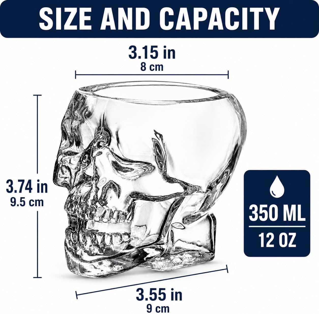 4-Pack Clear Skull Glasses - 12oz/350ml Wine & Cocktail Cups for Margarita, Whiskey, Juice - Great for Halloween, Themed Parties, Holiday Decorations & Gifts