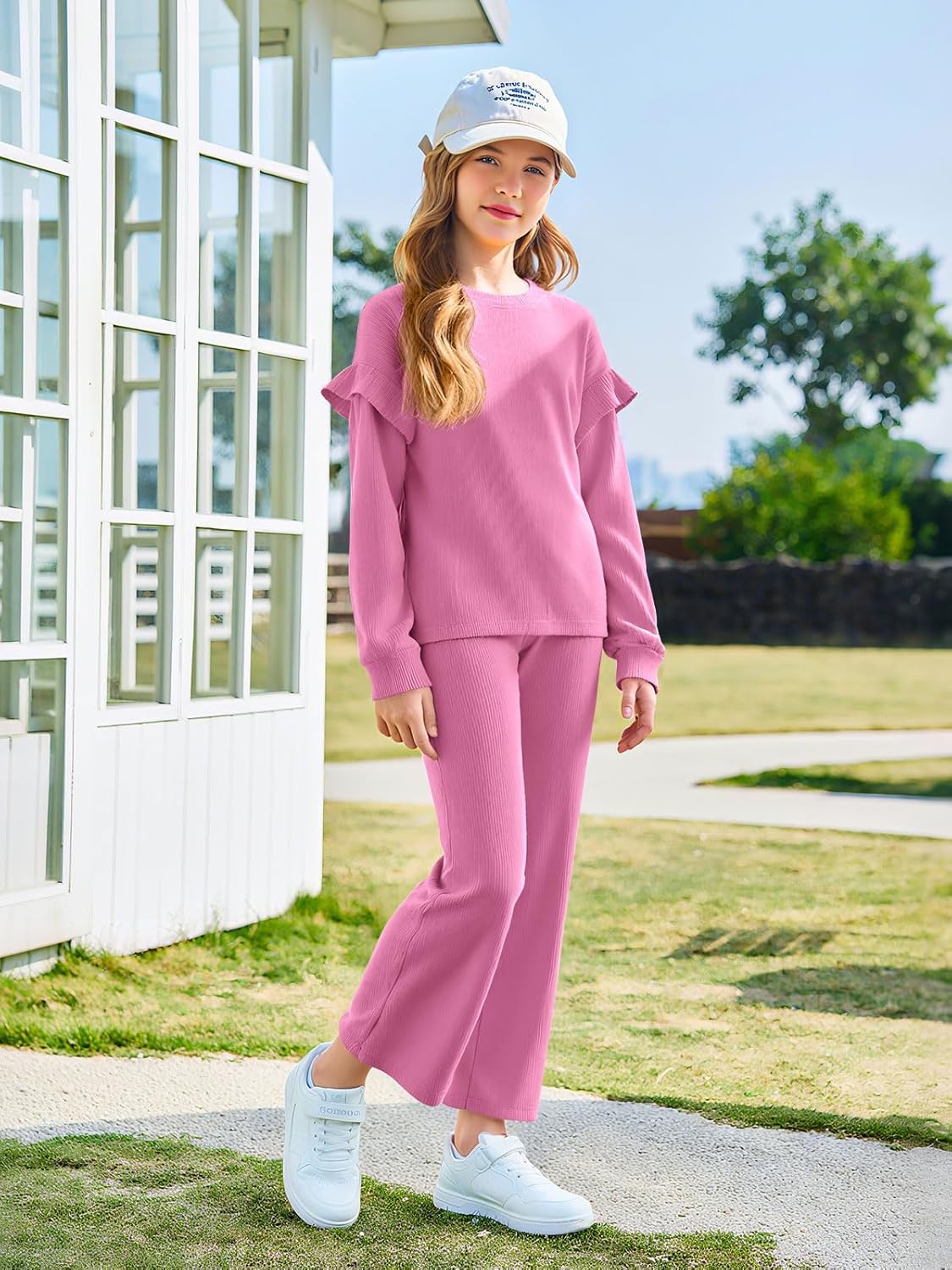 Yousify Girls 2 Piece Outfits Kids Casual Ribbed Knit Long Sleeve Shirts and Flare Pants Clothing Sets 5-14 Years - Image 4