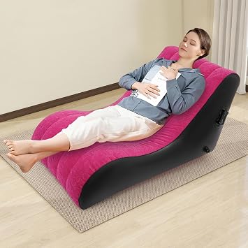 PVC Air Mattress Sofa Bed, Modern Inflatable Couch with Built in Double Layer Pump S Shaped Blow Up Chamber Airbed 440lbs Capacity for Living Room Office Camping Indoor Outdoor Use Rose-red Black