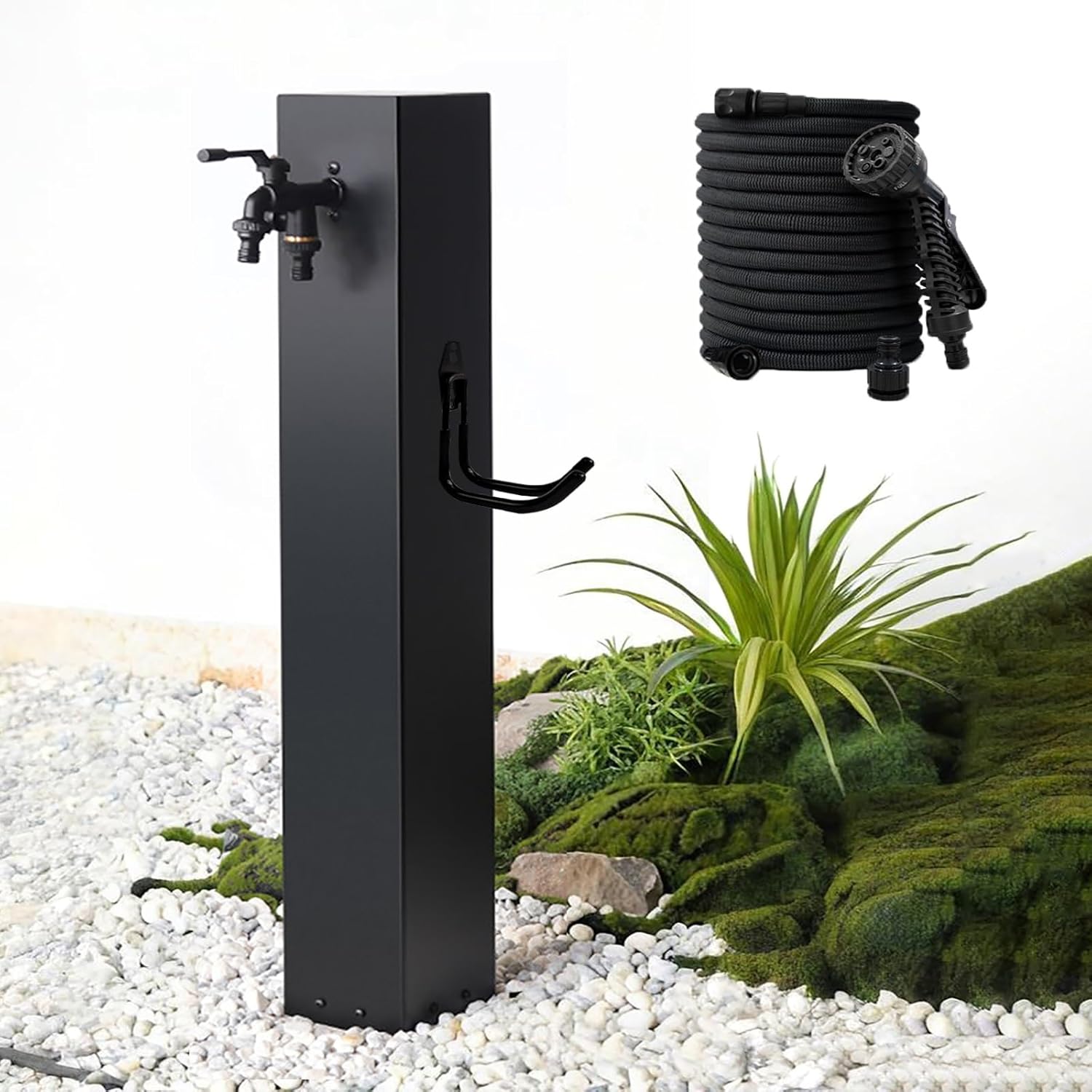 Stainless Steel Garden Water Fountain Column, Decorative Hydrant Water Dispenser for Outdoor Irrigation, 60cm/23.6in with Hook & Spray Gun - Black