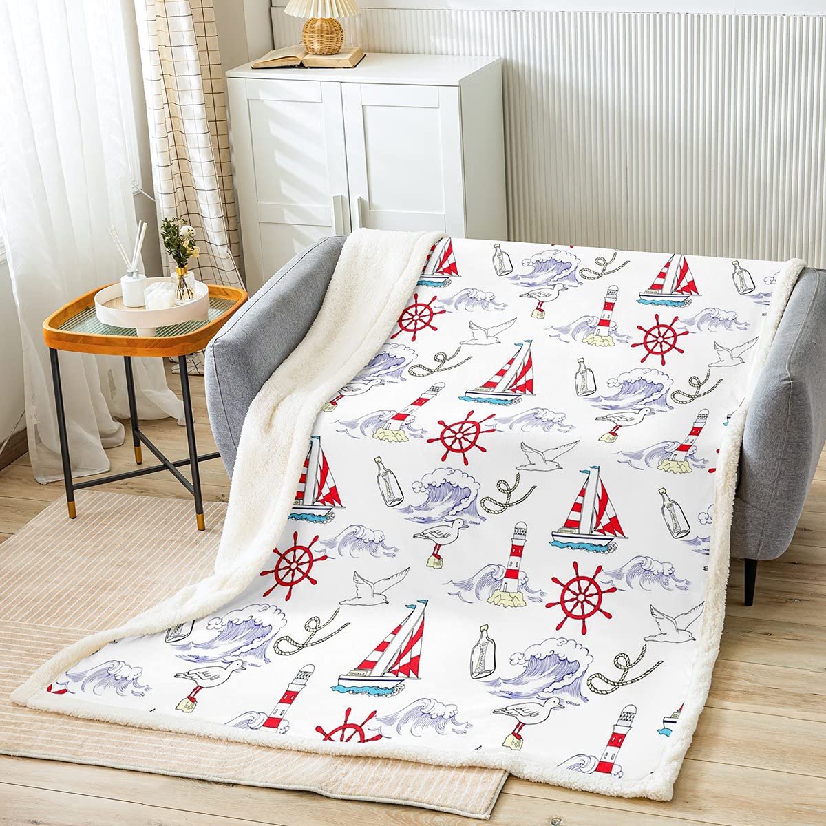 Coperta nautica per ragazze e ragazzi Coperta in peluche per barche a vela Vacanze estive Timone Ocean Weaves Coperta Sherpa Faro colorato Gabbiano Bottiglia alla deriva Coperta sfocata Sing