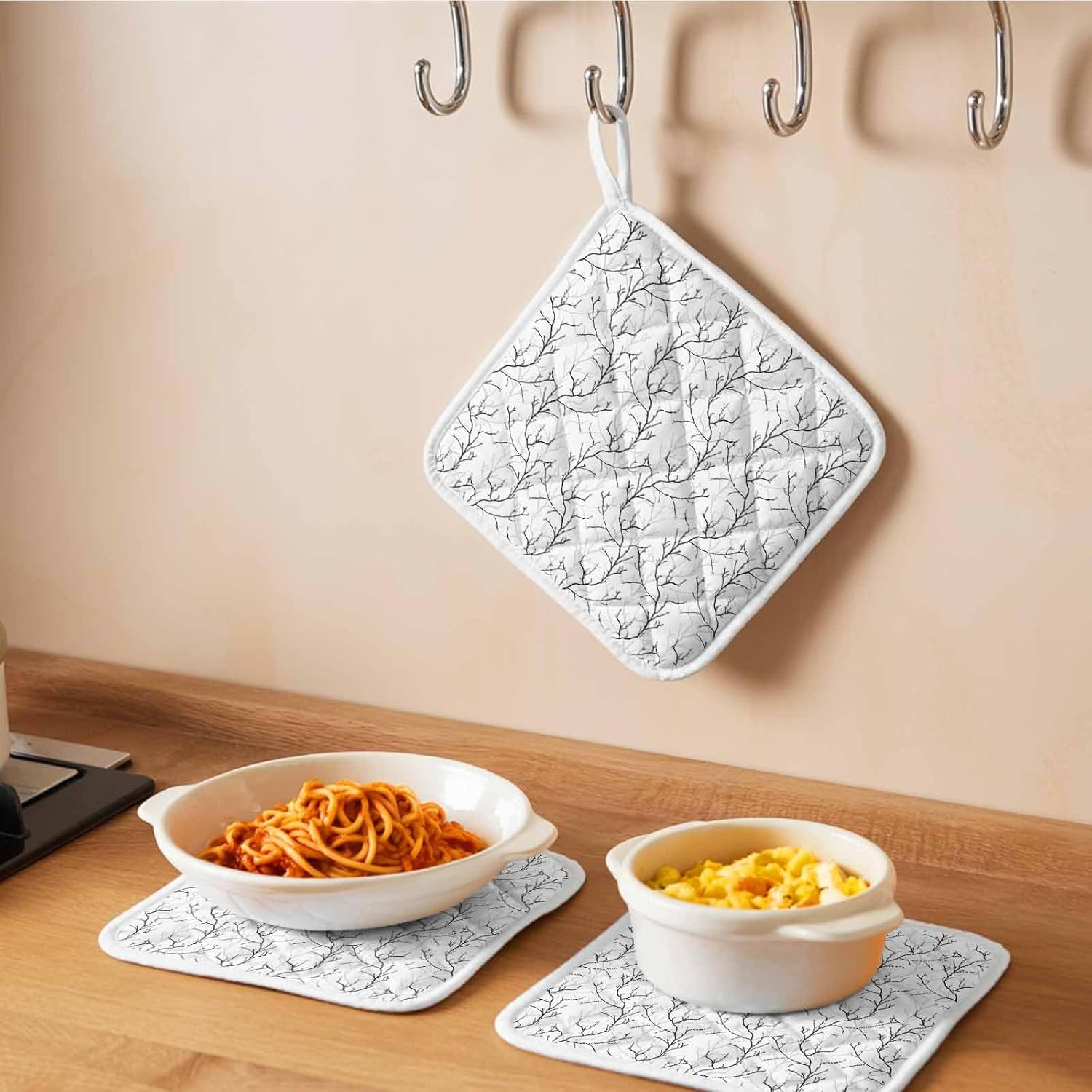 Black White Branches Pot Holders for Kitchen Heatproof Potholder, 5 Pack Vintage Art Farmhouse Hot Pads Multipurpose Oven Pads Cloth Potholders Trivet for Cooking Baking