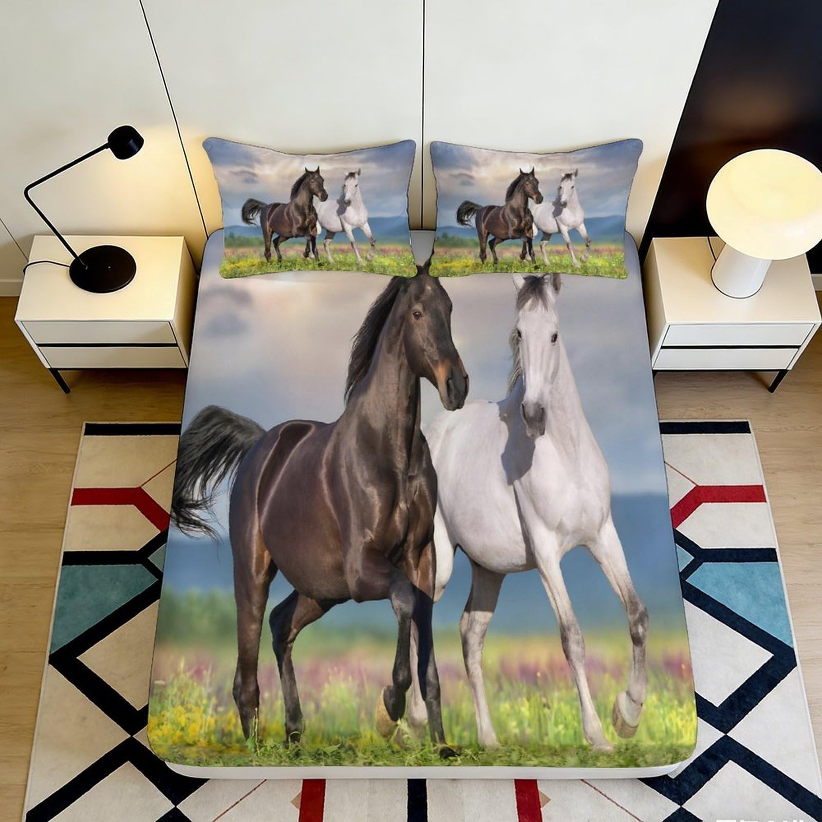3D Printed Running Horse Fitted Sheet Microfiber Soft Breathable Pasture Bed Cover for Bedroom Dorm Mattress Protection 90x200x25cm