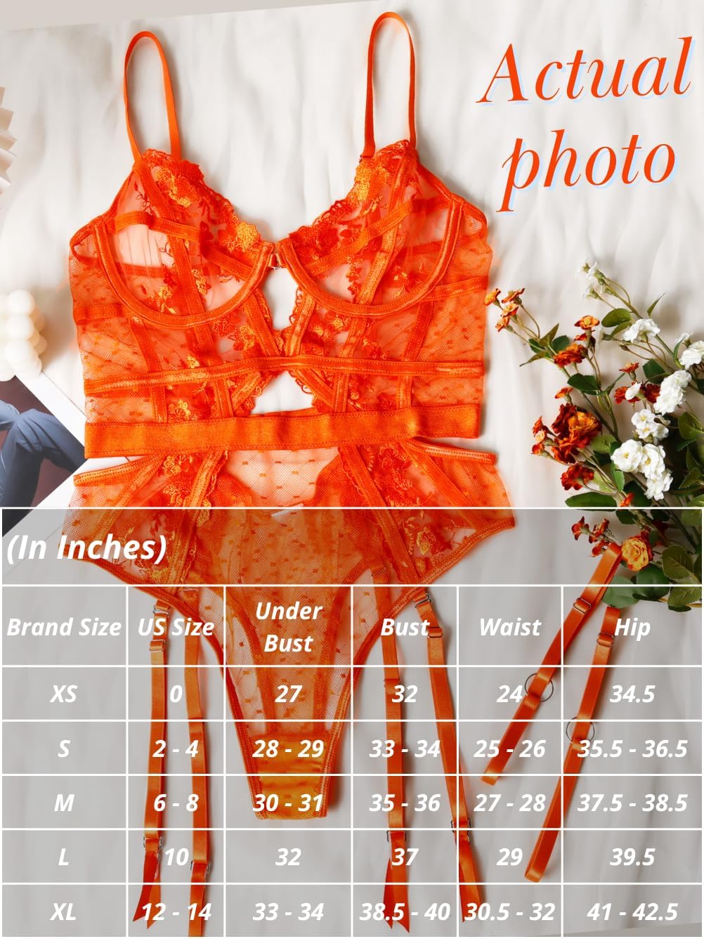 Kaei&Shi Floral Embroidered, Underwire, Removable Garter, Thigh Straps, Backless Bodysuit