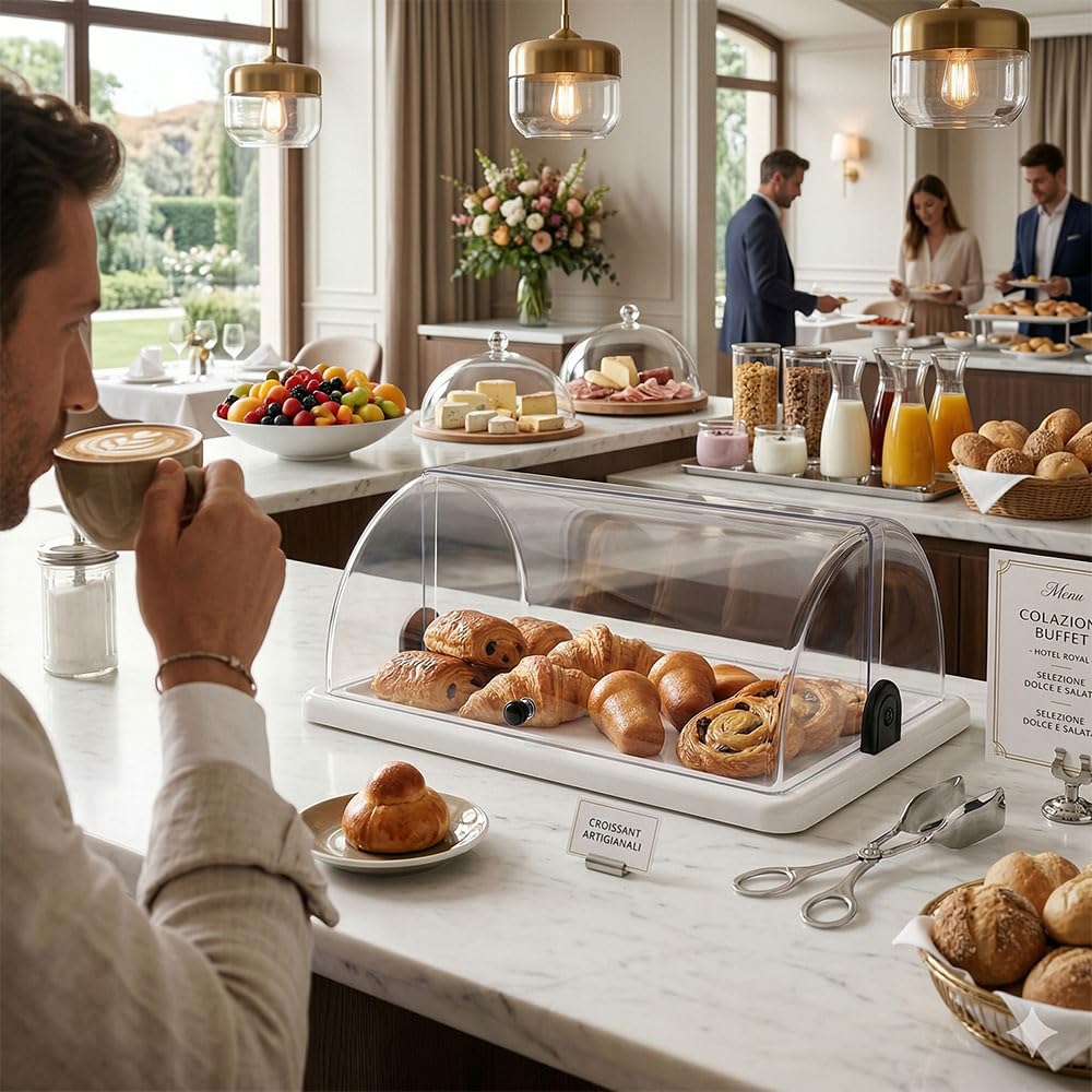 Vetrina Portabrioches Doppia Apertura 50x31xh18 con Pinza Pasticceria in Acciaio Inox Espositore Dolci e Cornetti per Bar e Buffet Vassoio Bianco e Cupola Made in Italy uso professionale certificata