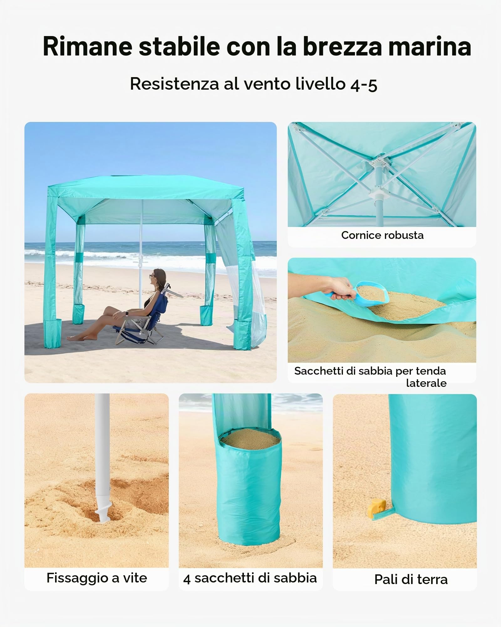 VEVOR Tenda da Spiaggia da 2400 x 2400 x 2400 mm, con Parete Laterale, Facile da Montare, con Tasche per la Sabbia, Ombrellone Parasole Portatile Regolabile in Altezza per Famiglia e Amici, Verde