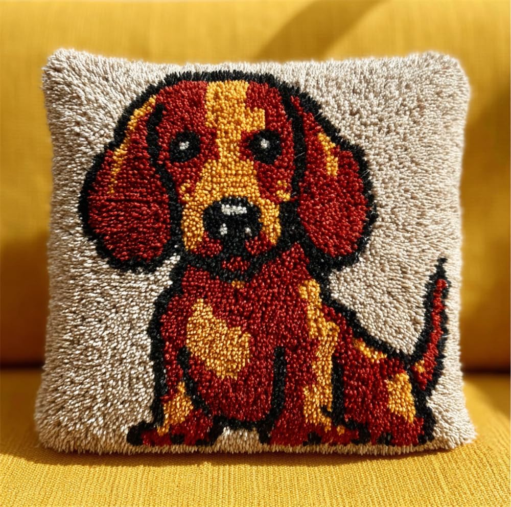 RKFLGEW Latch Hook Kits for Adults Beginners, Dachshund Dog 17X17 in Pre-Printed Latch Hook Pillow Kit, Craft Rug Making Kits, DIY Embroidery Cushion for Home Sofa Decor & Gift Idea