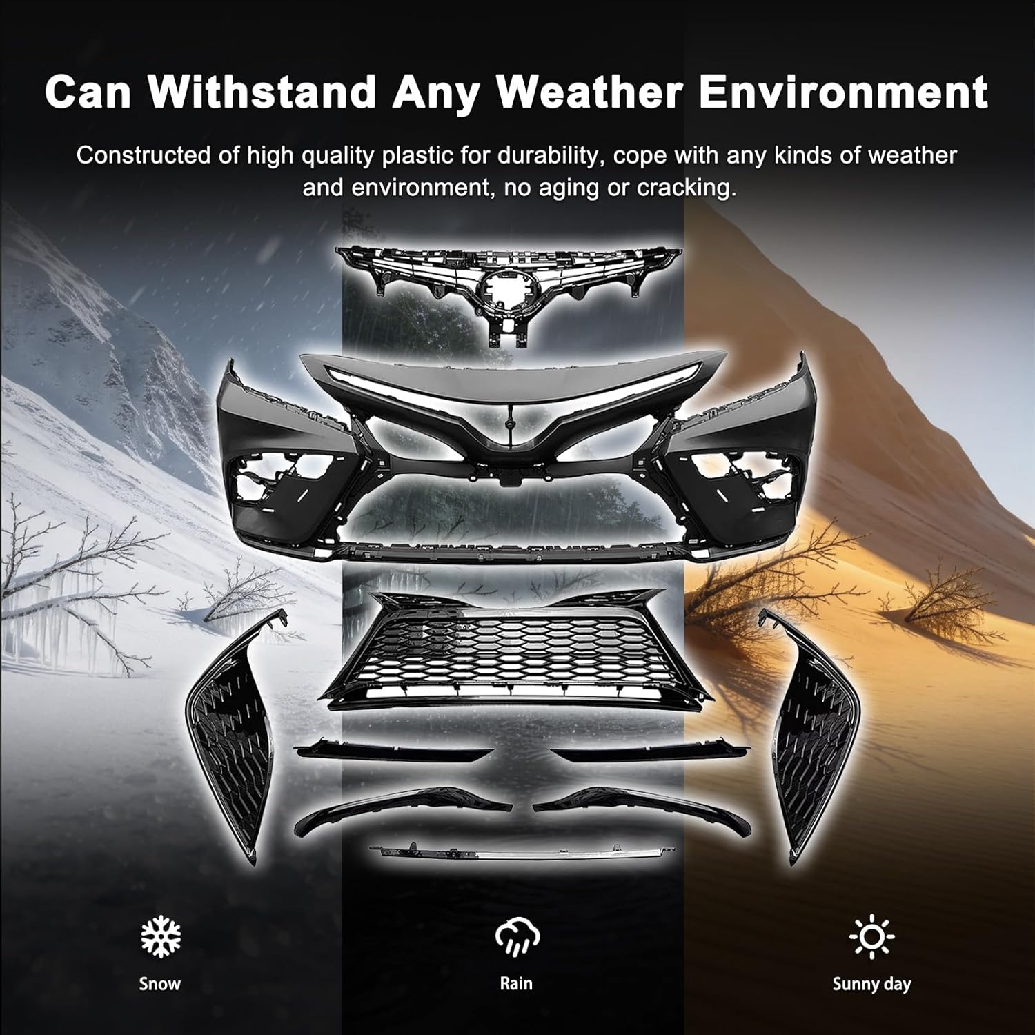 Bewild Front Bumper Assembly Fit For 2021 2022 2023 Toyota Camry SE XSE W/Front Bumper & Honeycomb Grille & Black Trim & Fog Light Bezel Set Replacement