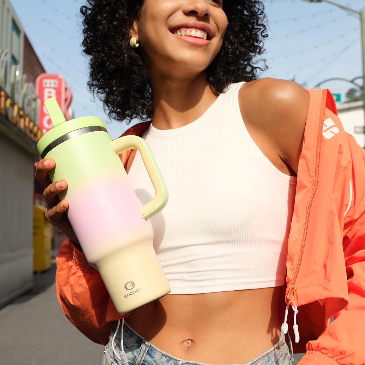 ENCOOL 40 oz Tumbler with Handle and Straw: Stainless Steel Insulated Tumbler Keeps Cold for 24 Hours, Leakproof Travel Cup Fits in Cup Holder and BPA-Free, Morning Dew - Image 7