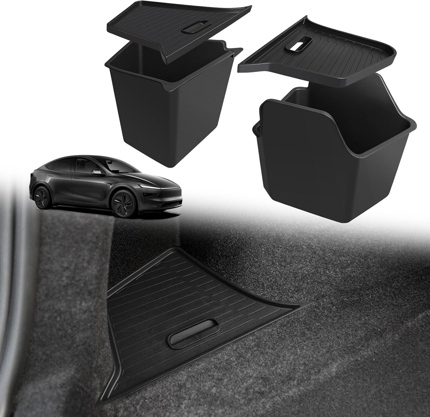 BestEvMod for 2026+ Tesla New Model Y Juniper 2PCS Rear Trunk Storage Bins with Lids Rear Cargo Garbage Bins Waterproof Side Storage Box TPE Interior Accessories Custom Fit