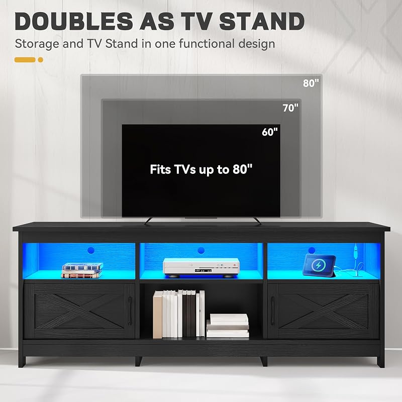 YITAHOME 70" Farmhouse TV Stand for 70-80" TVs with LED, Living Room, Black image 4