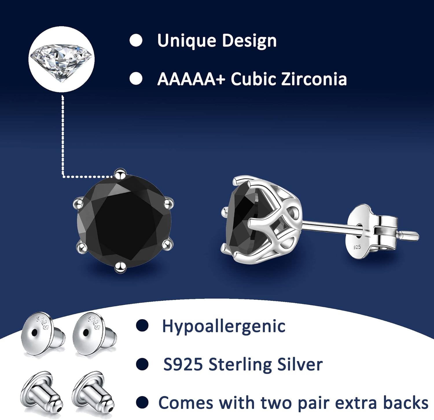 18K White Gold Plated Brilliant Cut Simulated Diamond Cubic Zirconia Stud Earrings Sterling Silver Hypoallergenic CZ Stud Earrings for Women Men 6 Prongs Setting - Image 6