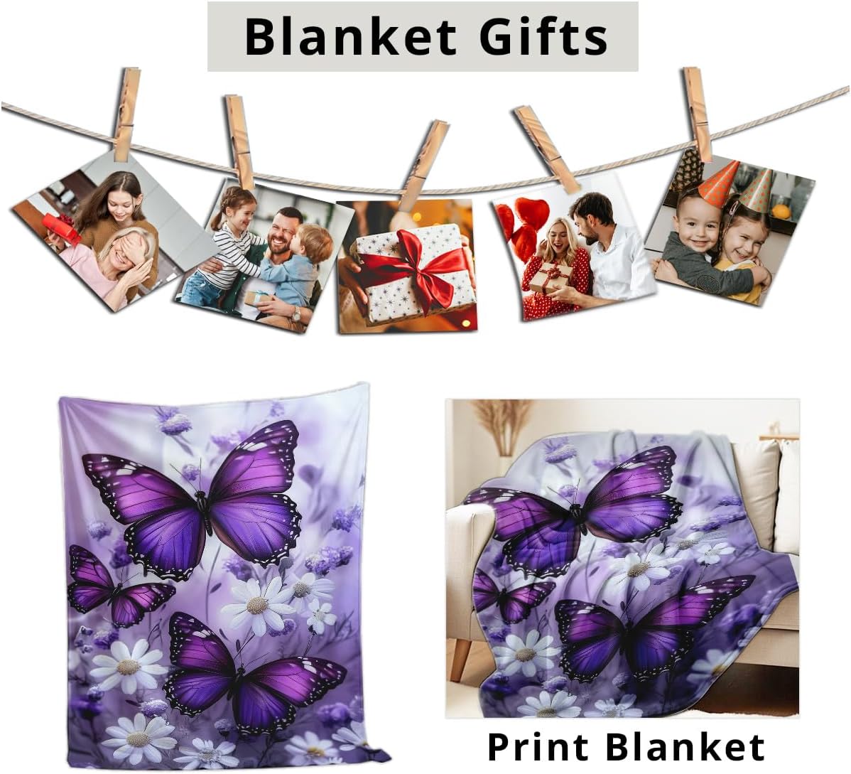 Printed Bed Blanket Purple Butterfly Throws Soft Flannel Blanket Butterfly Gifts for Adults Kids Couch Butterflies Decor for Sofa Bed Office (49"x59")