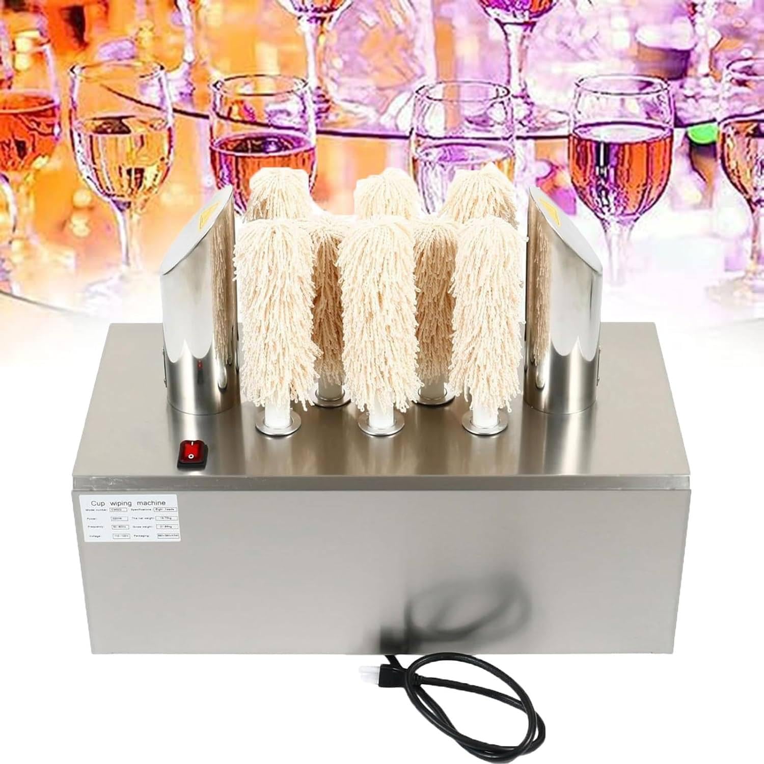 Pulidora eléctrica de copas de vino con múltiples pulidores de tela y calentador de alta potencia para uso comercial en bares, restaurantes, hoteles y bodegas