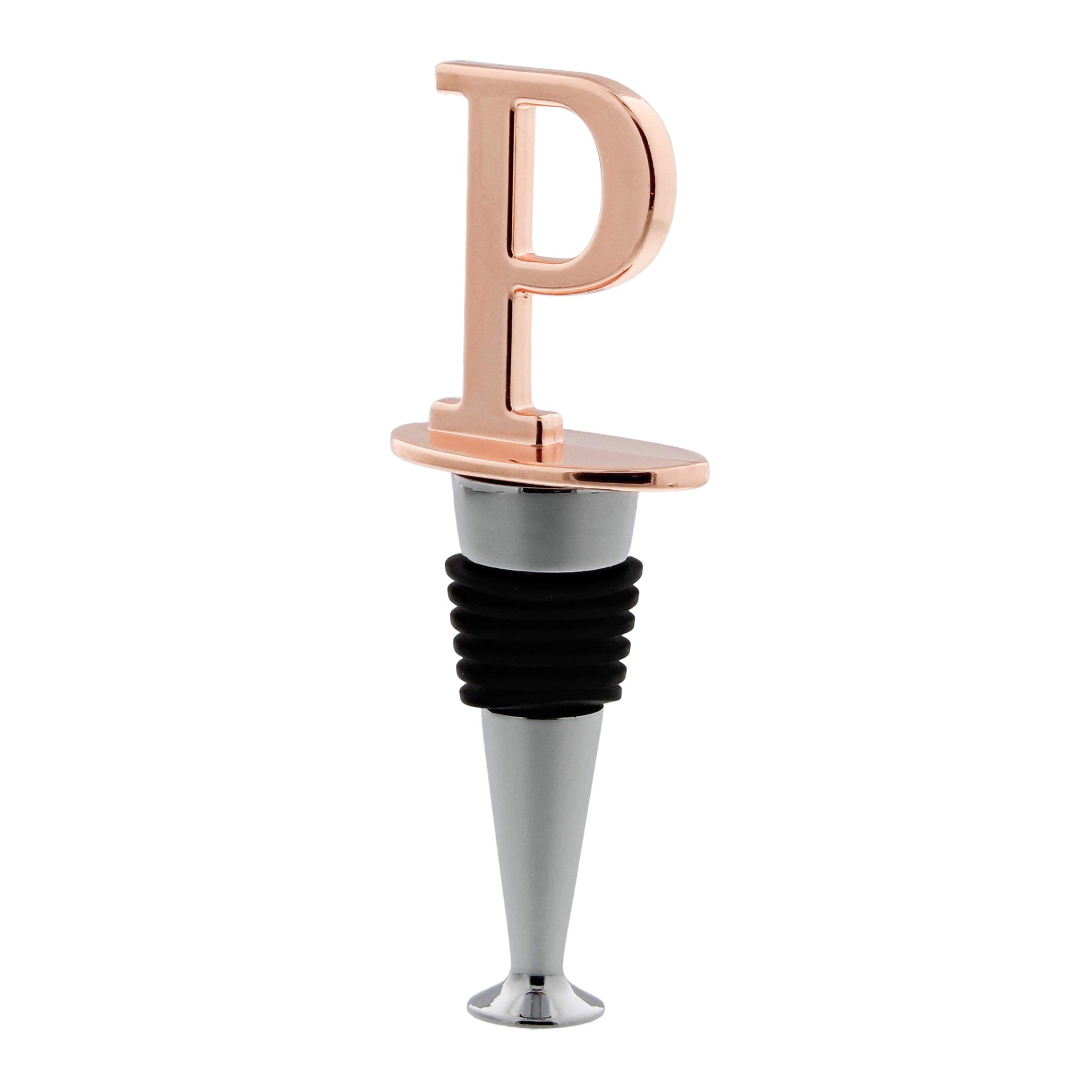 Tapón de vino para botella de vino con letra monogramada "P" en oro rosa, tapón sellador reutilizable de corcho de vino, 1 paquete