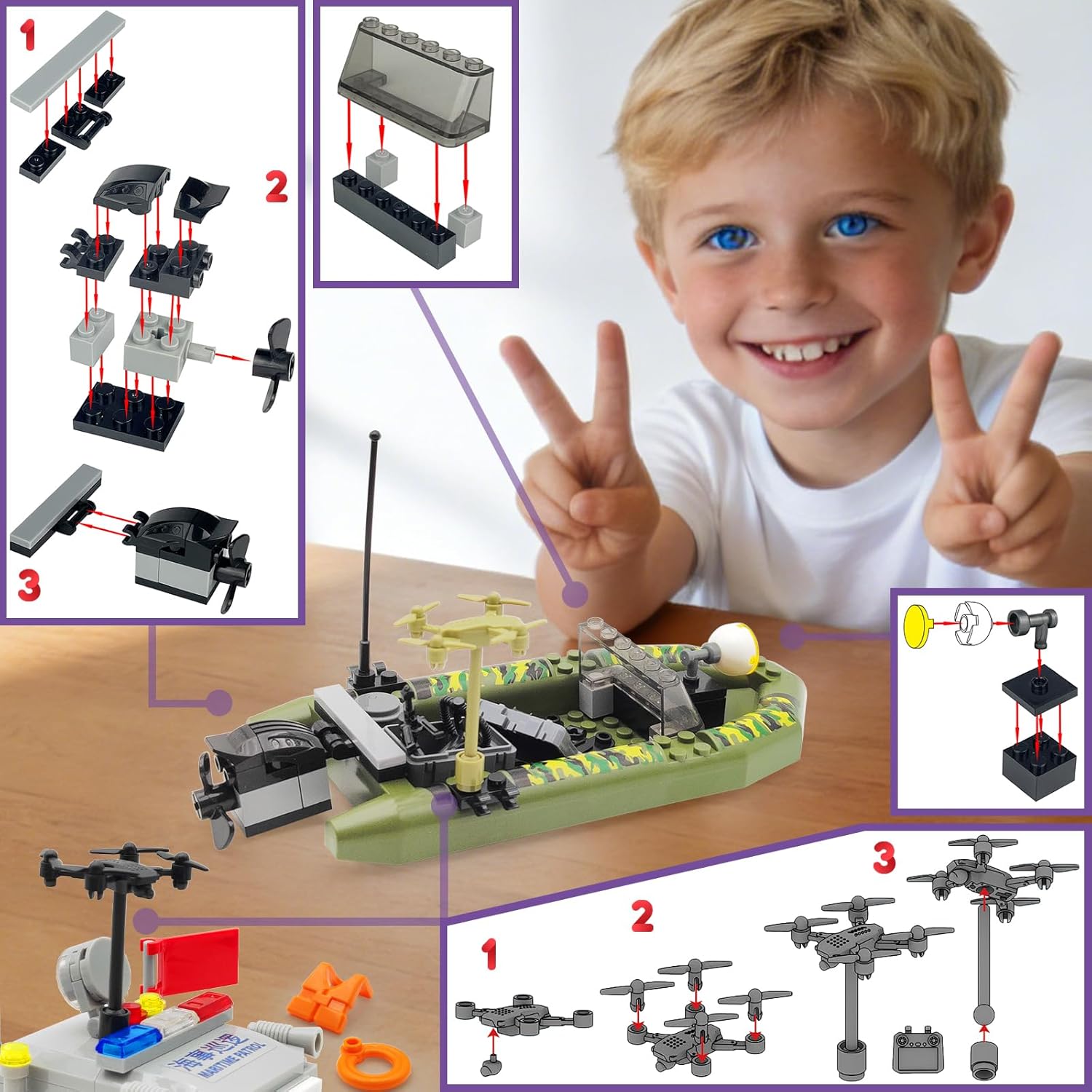 SWAT Military Patrol Boat Building Blocks, Maritime Speedboat with Mini Figures, Weapons & Diving Gear, STEM Toys for Boys 6+, Compatible with All Major Brands