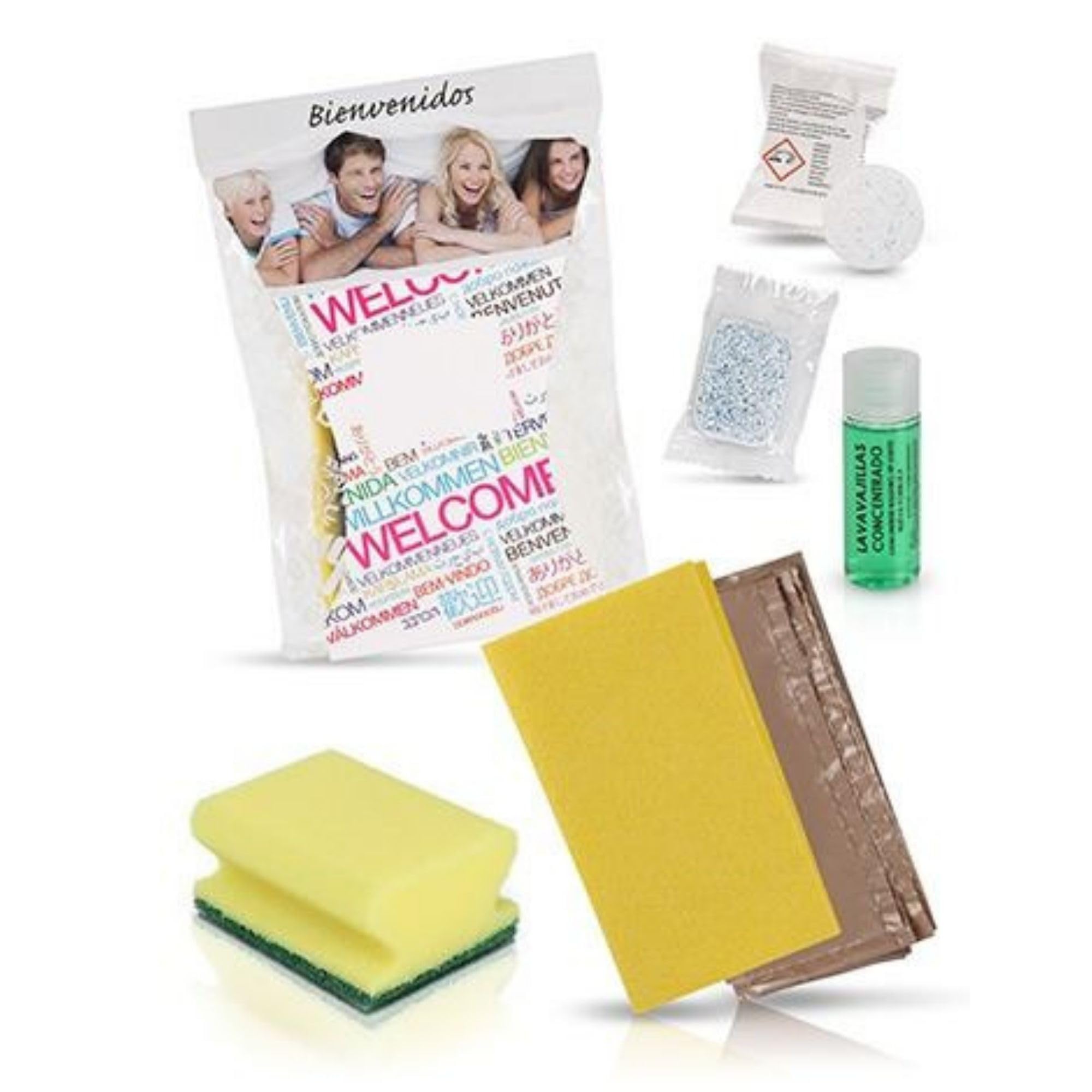 Kit Nettoyage Cuisine pour hébergement, lot de 50 packs avec liquide vaisselle et éponge grattoir