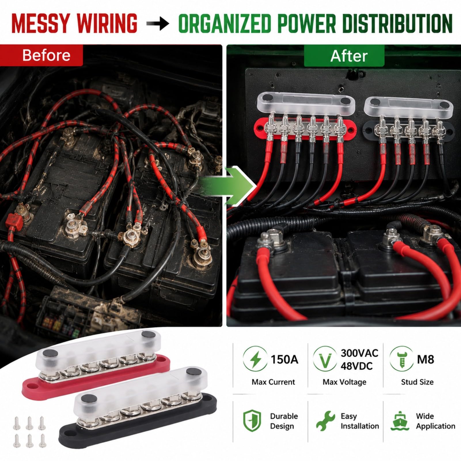 2 uds terminales de distribución de energía M8 placa de cobre terminales de acero inoxidable barra de bus de batería 150a 300vac 48vdc para automóvil barco