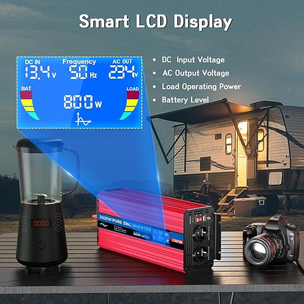 ETREPOW 3000w Spannungswandler 12v Auf 230v Reiner Sinus Wechselrichter mit 2 EU-Steckdose und Einer USB,Drahtlose Fernsteuerung,LCD Bildschirm -Spitzenleistung 6000w Kfz Konverter … - 3