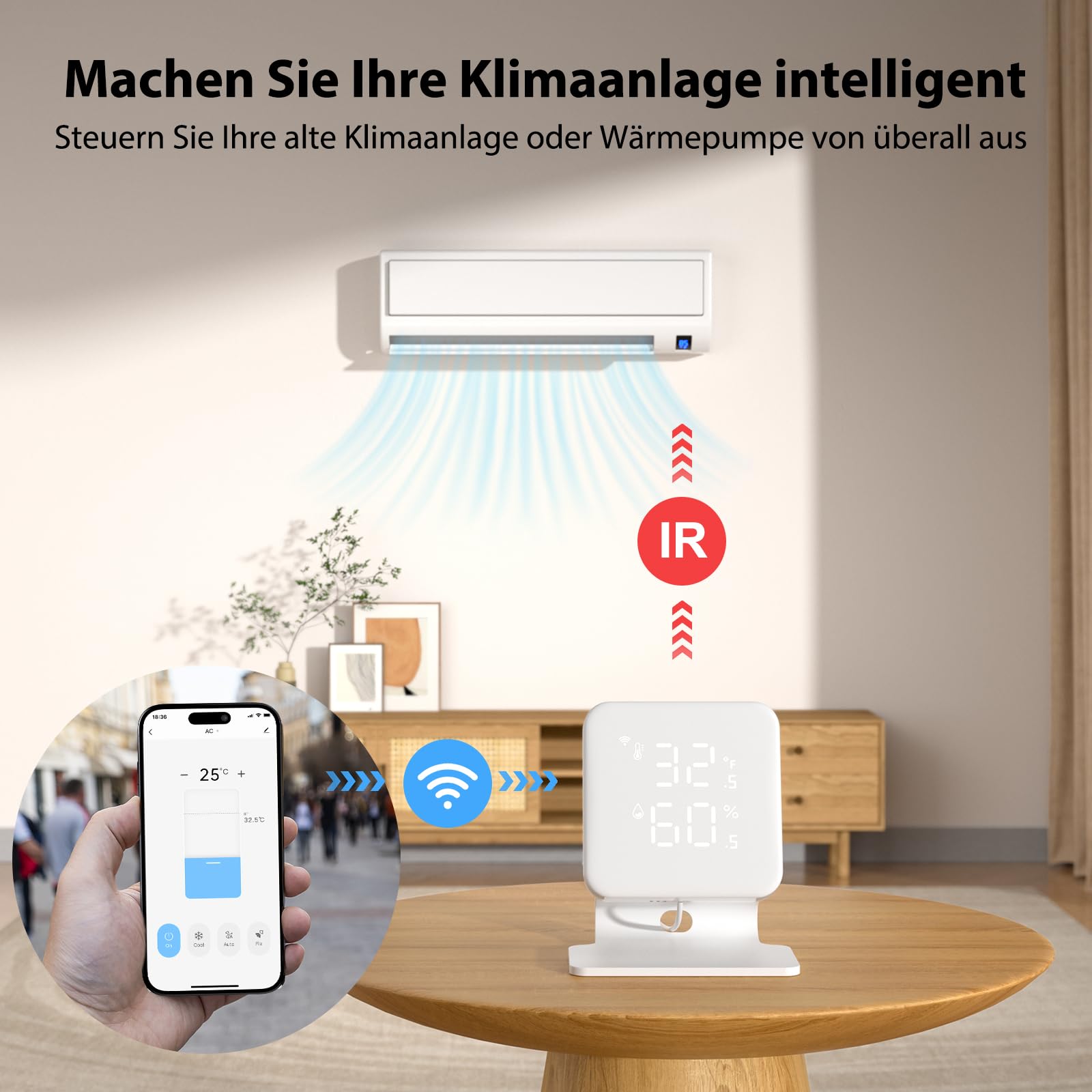 Smart Klimaanlagensteuerung für Split-, Fenster- & Mobile ACS, mit WLAN Thermometer Hygrometer, automatischem Komfort & Energieersparnis, 60-Sekunden-Installation, kompatibel mit Google & Alexa