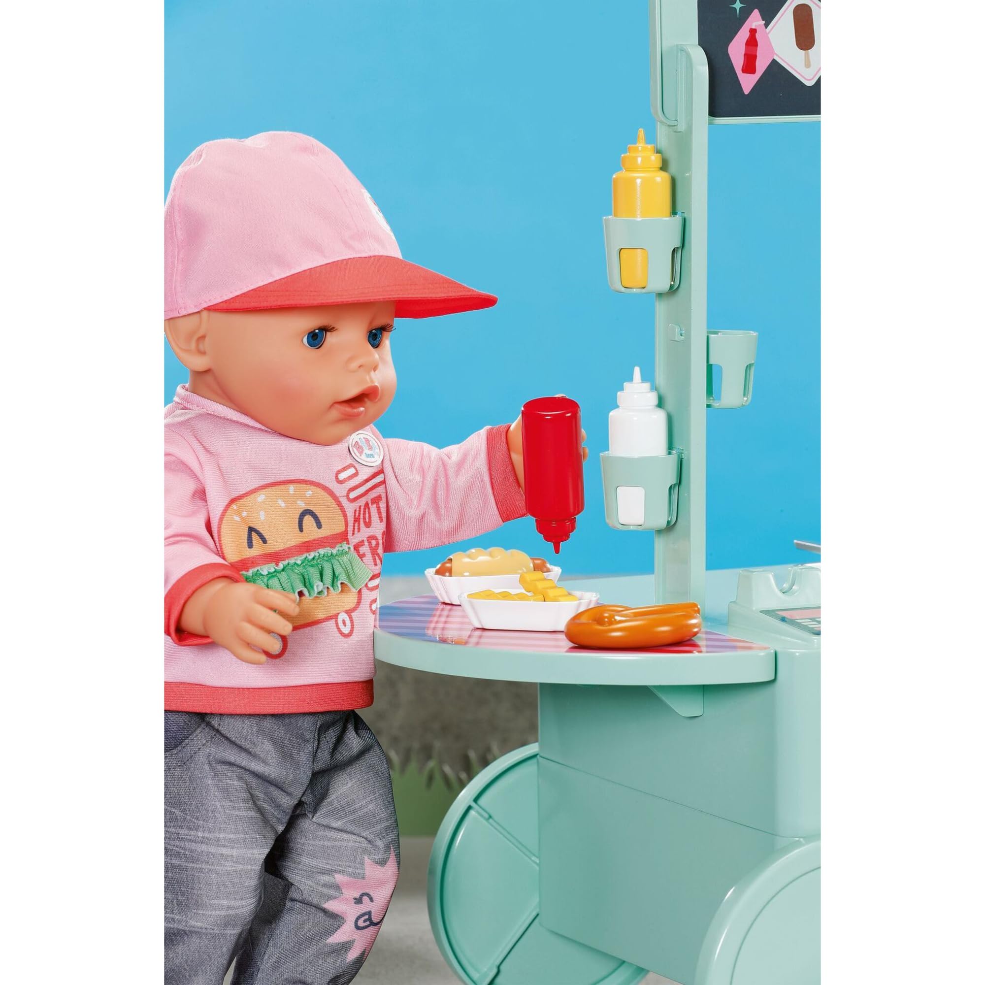 BABY born Sklep z przekąskami - Eetkraam voor poppen met geluidseffecten - 25 verschillende fastfoodsnacks - Hoogwaardige poppenaccessoires - Geschikt voor kinderen vanaf 3 jaar | Efekty dźwiękowe, 25 przekąsek typu fast food, odpowiednie dla lalek 43 cm