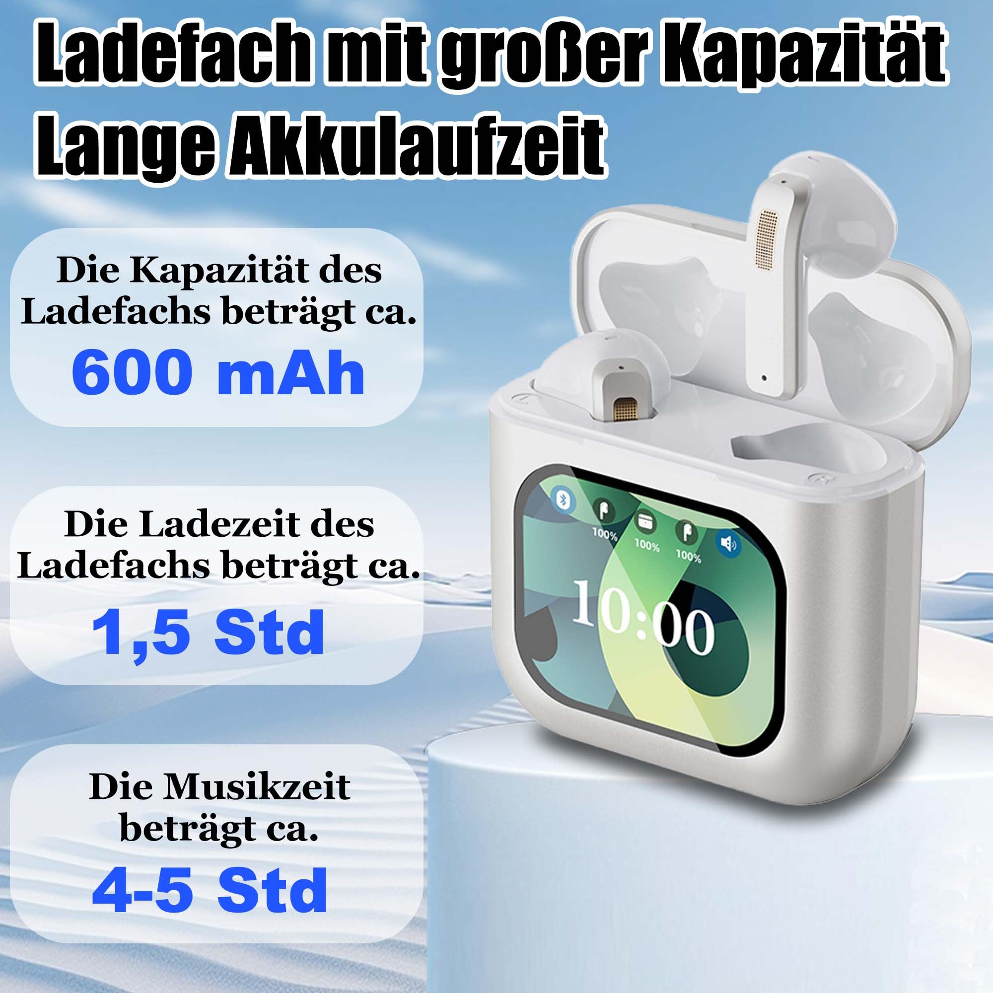Auricolari Bluetooth in-ear, smart touchscreen, grande display con cancellazione del rumore, per sport, gioco, dormire, Hi-Fi, multilingue per smartphone, tablet, laptop, regalo (bianco)