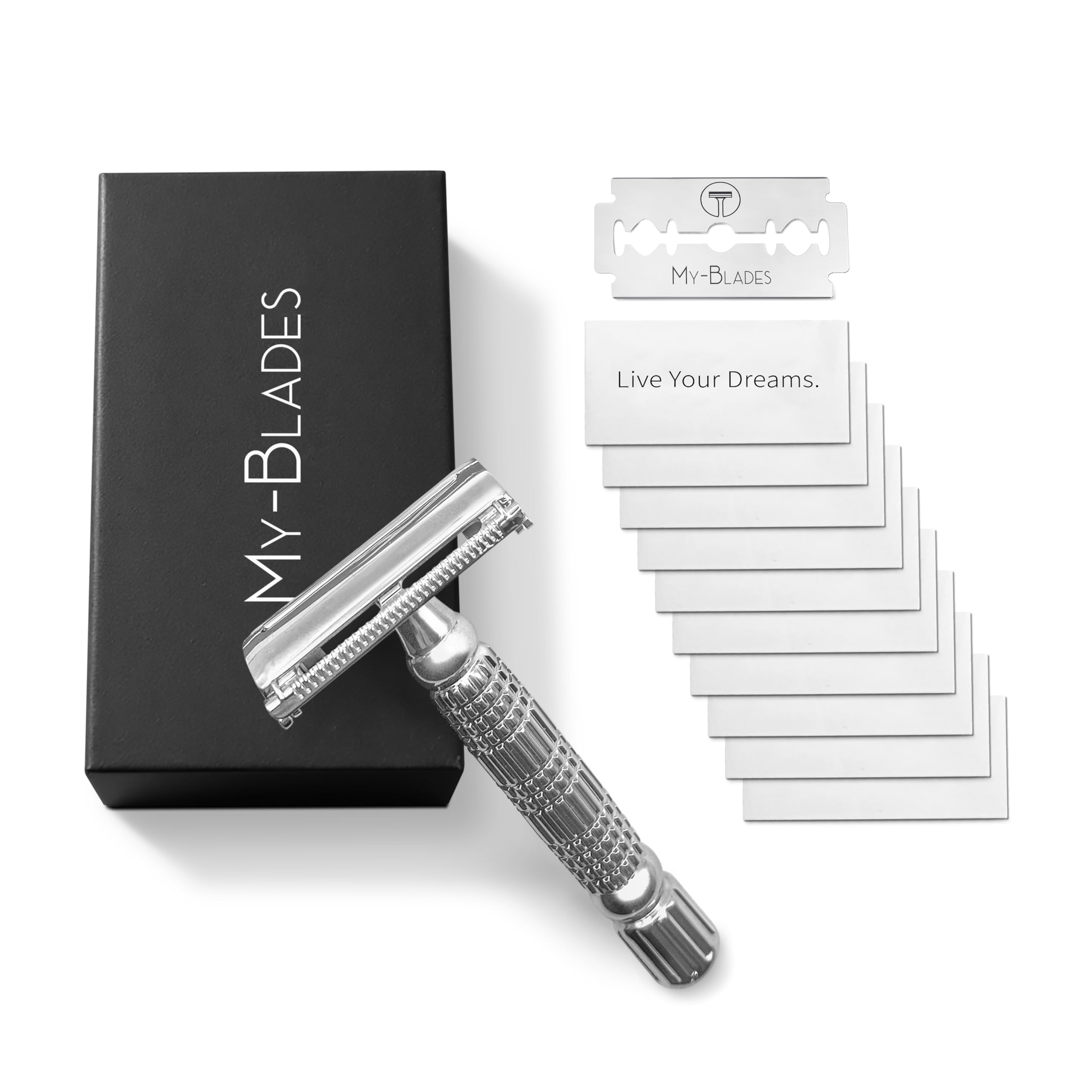 My-Blades® Premium Rasierhobel Set mit 10 Rasierklingen – Metallgriff, Butterfly-Sicherheitsverschluss, Geschenkbox, ideal für Anfänger