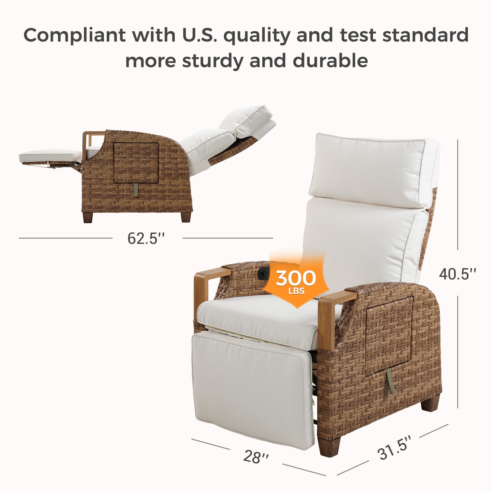 Grand patio Sedia a sdraio con cuscino, schienale regolabile, in rattan, per interni, uso esterno (vimini marrone chiaro, cuscino beige) (Regolazione indipendente, Stile Bohemien)