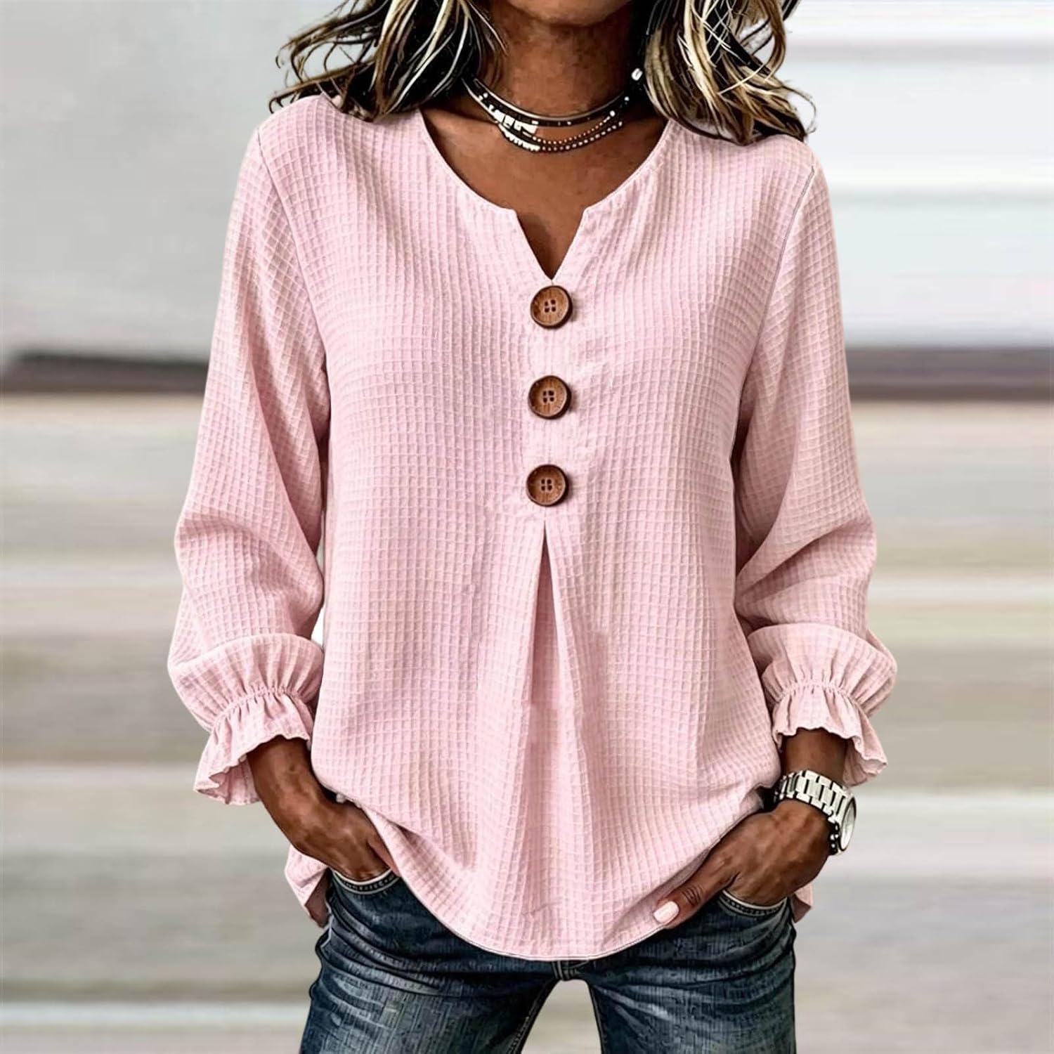 Women's Fall Waffle Knit Tops Long Sleeve V Neck Ruffle Blouses | Soft Comfy Breathable Shirts, Loose Fit Spring Solid Color Clothes, Casual Trendy Basic Tee, Button Work Vacation Outfits