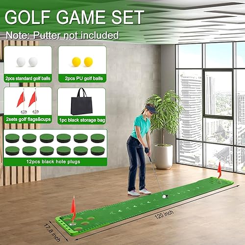 Vista 11 de Juego de putting de golf con borde frontal para interiores y exteriores, tapete verde para golf incluye 4 bolas, 1 bolsa portátil, 2 banderas