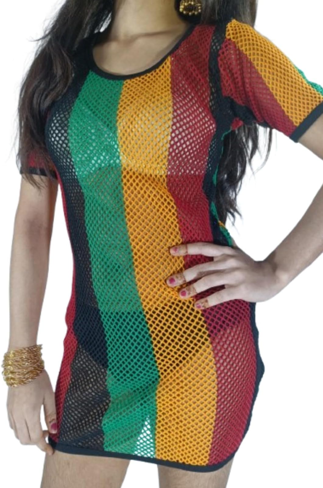 Clossy Ladies Rasta Short Sleeves Stripe Cotton String Vest Mesh Fishnet Top Reggae