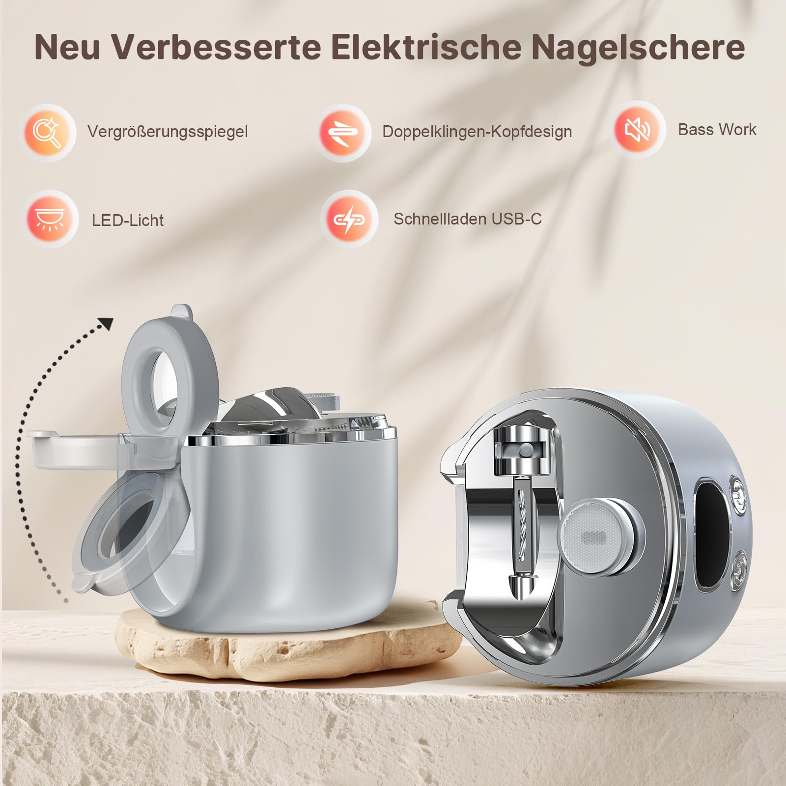 Elektrischer Nagelknipser, 4 in 1 Nagelknipser Elektrisch Mit Led-Licht & Vergrößerungsglas, Doppelklingen für Dünne & Dicke Nägel, 3-Speed, für Senioren & Sehbehinderte-Grau