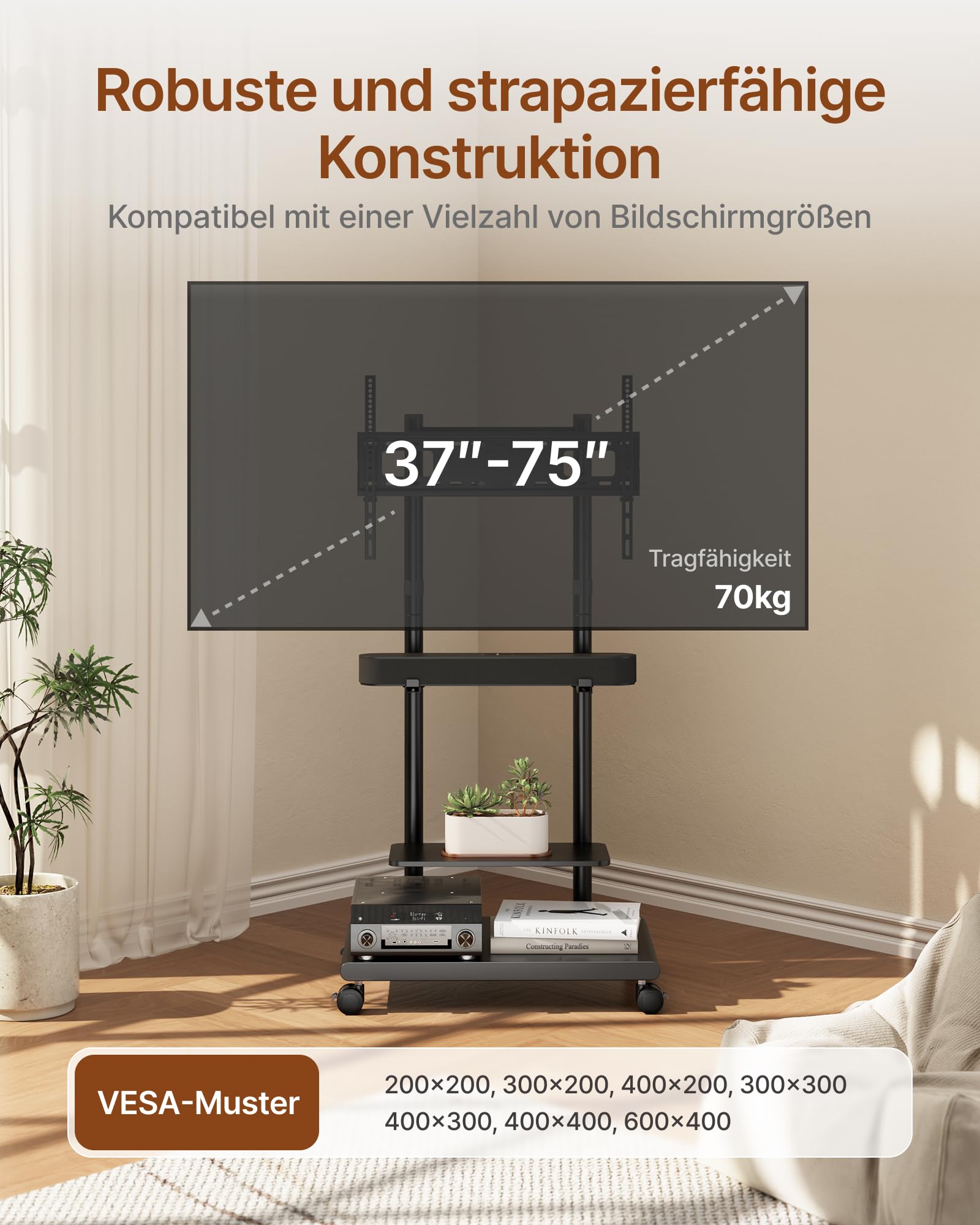TV Ständer Rollbar mit Soundbar Halterung für 37-75 Zoll bis 70kg | Max VESA 600x400mm, Höhenverstellbar, Schwenkbar Neigbar, Stahl Fernseh Ständer mit Rollen, Stabile Doppelsäule & Ablage