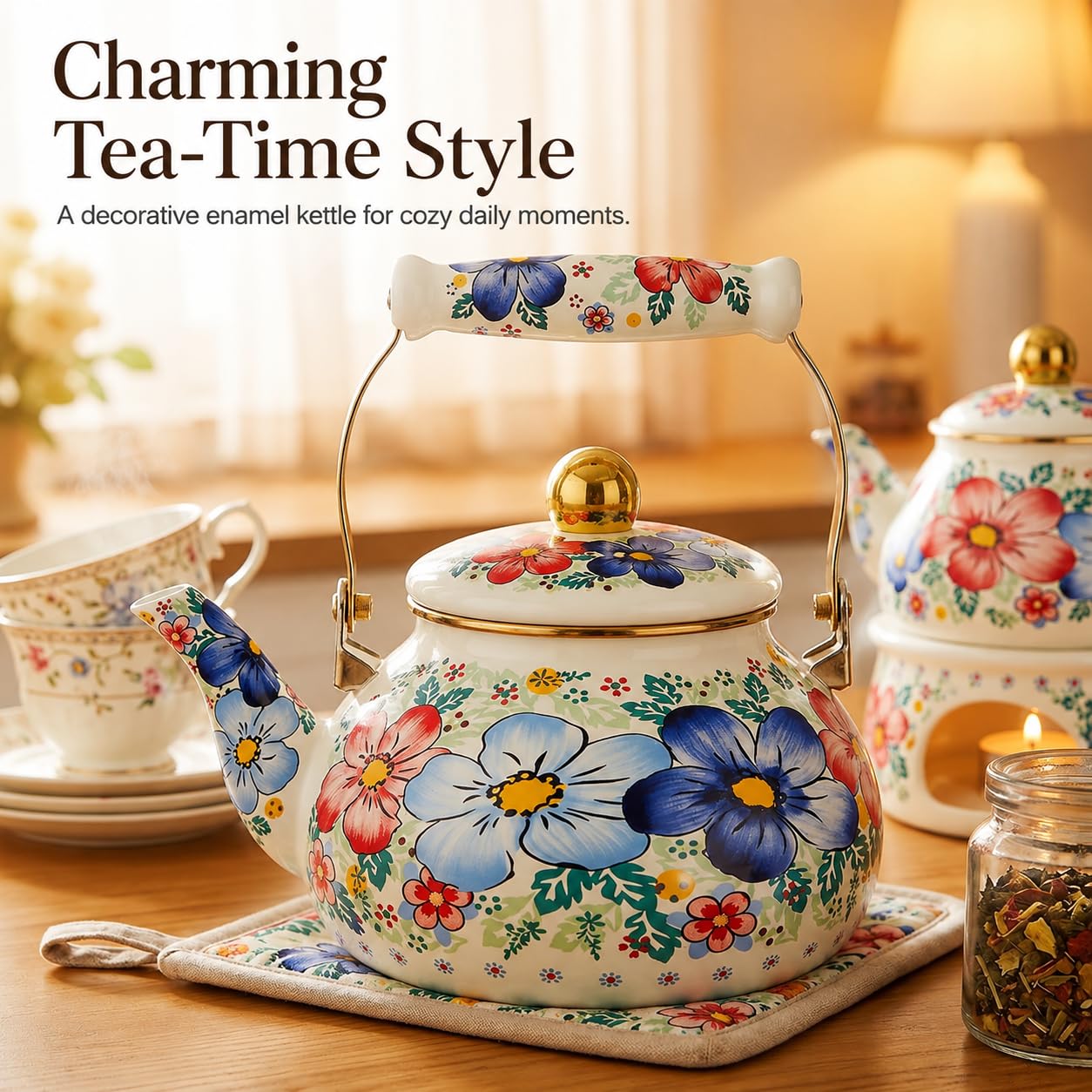 Floral Enamel Tea Kettle - Classic Design -9