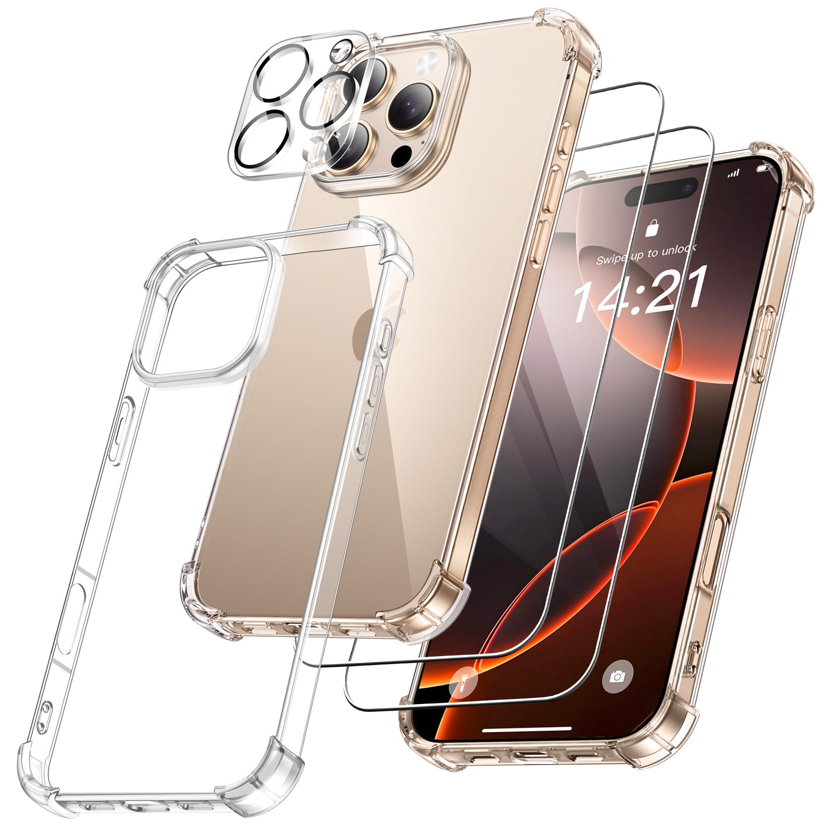 FLLAO 4 in 1 Cover per iPhone 16 Pro con 2 Pellicola Vetro Temperato e 1 Pellicola Protezione Fotocamera, [Protezione Antiurto Militare] Antishock Custodia per iPhone 16 Pro, Trasparente